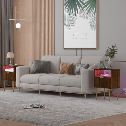 JOONEE Nightstand with Outlet and Led Light, Bedside Table with Storage Drawer, Fluted Side Table for Living Room, Bedroom - Image 6