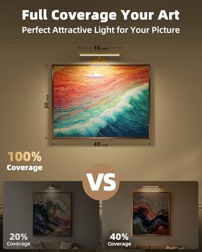 EZVALO Picture Light for Wall, 4800mAh Rechargeable Wireless Remote, 16‘’ Dimmable Magnetic LED Art Display Light with 3 Color Temperatures, for Gallery, Living Room, Bedroom, Hallway (Gold) - Image 2