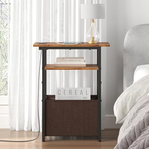 sthmec Narrow Side Table with Charging Station, Small End Table for Small Spaces, Skinny Nightstands with Storage Basket, 3 Tier Sofa Couch Bedside Tables for Living Room,Bedroom, Rustic Brown - Image 6