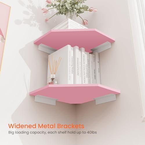 Homode Corner Floating Shelves, Corner Wall Shelf with Cord Hole, 2 Tier Wood Hanging Corner Shelf for Bathroom, Bedroom, Living Room, Pink - Image 4