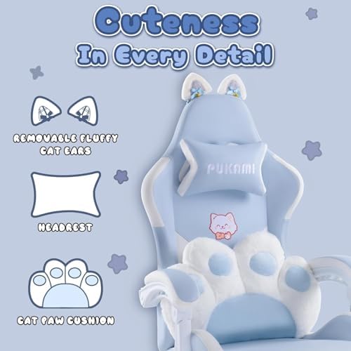 PUKAMI Gaming Chair with Cat Ears,Cute Computer Chair for Girl with Footrest,Ergonomic Gamer Chair, Kawaii Gaming Chair, Game Chair (Blue) - Image 3