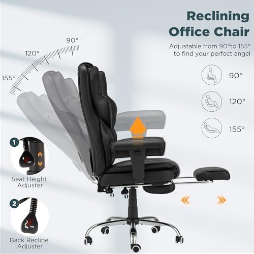 HOMREST Ergonomic Executive Chair with 6-Point Vibration & Heat, Reclining PU Leather Big & Tall Desk Chair, Retractable Footrest & Adjustable Armrest for Home Office Gaming Study, Black - Image 4