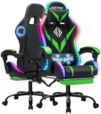 Gaming Chair with Bluetooth Speakers RGB LED Lights Computer Chair-Green | Ergonomic Massage Game Chair with Footrest & Lumbar Support High Back Video Game Chair for Adults Racing Style by Vanspace
