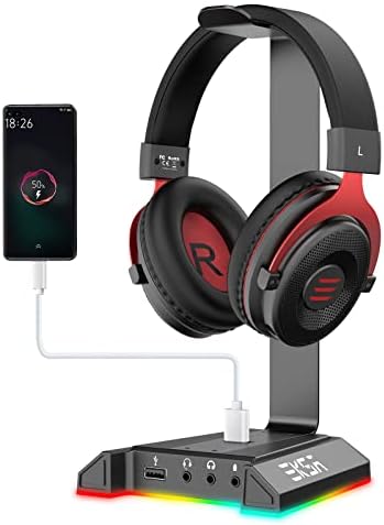 EKSA Headphone Stand, RGB Gaming Headset Stand for Desk with 7.1 Surround Sound, Headphone Holder with 3.5mm Aux and 2 USB Ports, Aluminum PC Gamer Headset Accessories for All Headphones Size by EKSA