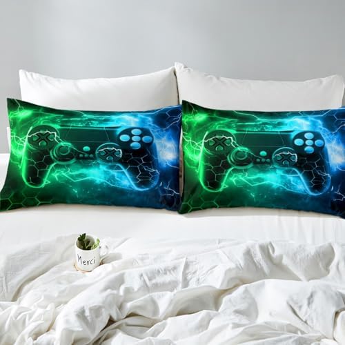 Feelyou Kids Boys Green Gamer Sheet Set Twin Size, Honeycomb Gaming Bed Sheets Set Lightning Gamepad Sheets with Deep Pocket Fitted Game Room Decor Bedding Set Microfiber Soft Bed Set - Image 5