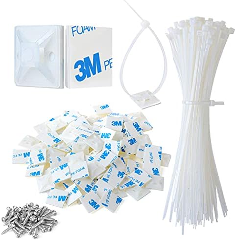 3/4" Strong Back-Glue Self Adhesive White Cable Zip Tie Mounts 100pcs with 8" Ties, Screws, Outdoor Sticky Wire Fasteners Cable Clips Management Anchors Organizer Holders Squares by XHF