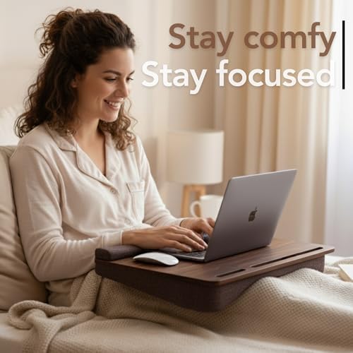 Vigo Wood Laptop Lap Desk with Cushion for Bed, Portable Home Office Tray Fits up to 17.3 Inch, Built-in Phone and Tablet Holder (Walnut & Brown) - Image 4