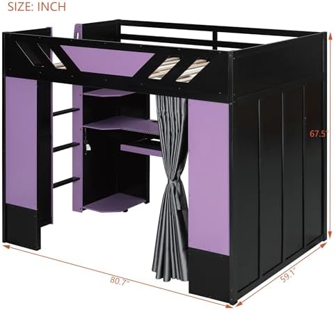 Merax Full Size Loft Bed with Desk and Storage Shelves, Gaming Loft Bed Frame with USB Charging Station and Curtains, Space Saving Loft Bed for Teens Bedroom, Purple + Black - Image 2