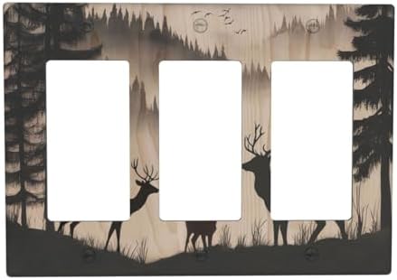 Decorative Outlet Covers Rustic Black Deer Elk Brown Wood Board Pine Tree 3 Gang Gfci Wall Plate Triple Rocker Light Switch Covers Electrical Receptacle Switchplate Plug Faceplate Decor by JOOJIAO