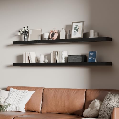 60 inch Long Floating Shelves for Wall,Solid Wood Long Shelves Set of 2,Rustic Wall Mounted Shelves with Invisible Brackets for Decor & Storage (Black, 60 Inch) by ONOTETUT