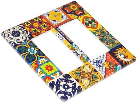 Decorative Outlet Covers Vintage Traditional Colorful Mexican Talavera Tiles Style 2 Gang Light Switch Cover Plate Double Rocker Wall Plate Gfci Switch Plate Covers Plug Faceplate for Bedroom - Image 3