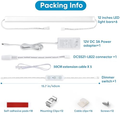 Litever Under Cabinet Lights Plug in. 6 Lights with Adapter Dimmer. 4000K - Image 3