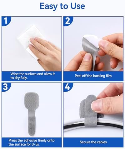 AGPTEK 80Pcs Self-Adhesive Cable Ties, Hook and Loop Cable Straps, Gray - Image 6