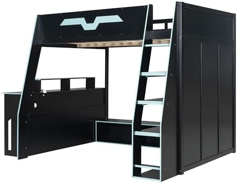 Merax Full Size Gaming Loft Bed with Desk and Multi-Storage Shelves, Space-Saving Wood Loft Bed Frame with Full-Length Guardrail for Teens Bedroom, Built-in Light Strip & Charging Station, Cloud Blue - Image 7