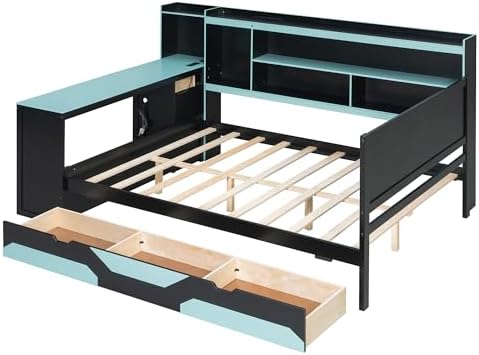 Merax Full Size Gaming Daybed with Integrated Desk and Lights, Wooden Platform Bed Frame with 3 Storage Drawers and Built-in Charging Station, Multi-Functional Headboard Shelves, No Box Spring Needed - Image 6