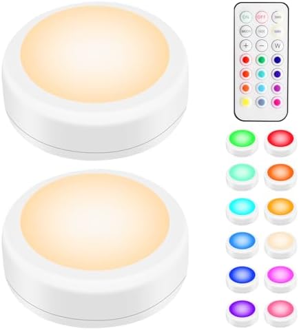 BLS LED Puck Lights with Remote Control, Wireless Under Cabinet & Closet Lighting, RGB 13 Color Changing Lights with Dimmer, Timer & AA Battery Operated, Push, Touch, Stick on for Night, White, 2 Pack by BLS
