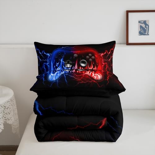 Feelyou Kids 3D Video Game Contoller Comforter Set,Gamer Bedding Set Full Size for Boys Teens Bedroom Room Decor,Game Gaming Comforter,Geometric Lightnings Blue Red Gaming Bed Set - Image 5