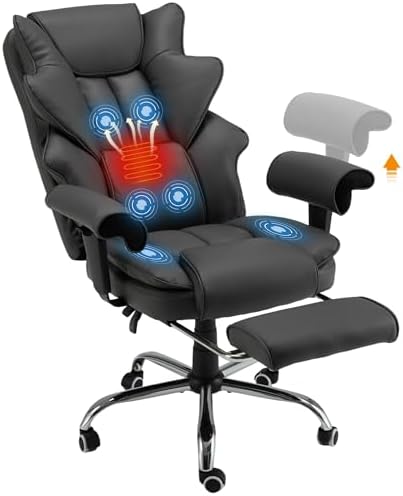 HOMREST Ergonomic Executive Chair with 6-Point Vibration & Heat, Reclining PU Leather Big & Tall Desk Chair, Retractable Footrest & Adjustable Armrest for Home Office Gaming Study, Black by HOMREST