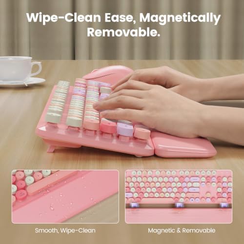 Wireless Keyboard and Mouse Combo with Magnetic Wrist Rest, Round Keycaps, Full-Size Retro Typewriter-Style Keyboard, Two-Stage Tilt Legs, Auto-Sleep, 2.4GHz for Windows PC Laptop, Pink Colorful - Image 3