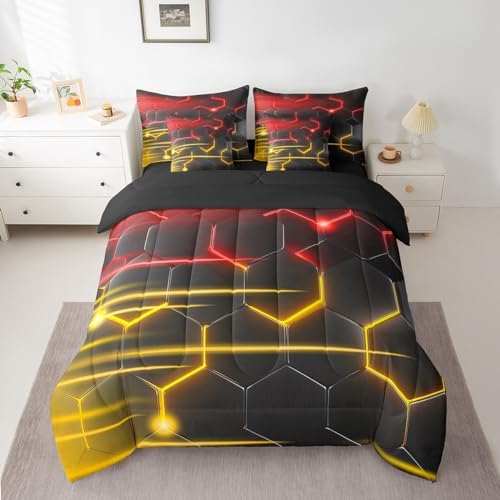 Feelyou Honeycomb Bedding Set Geometrical King Comforter Set with Sheets for Kids Boys Girls Teens Room Decor Modern Hexagon Theme Bed in a Bag 7 Piece Beehive Red Yellow Bed Set - Image 2