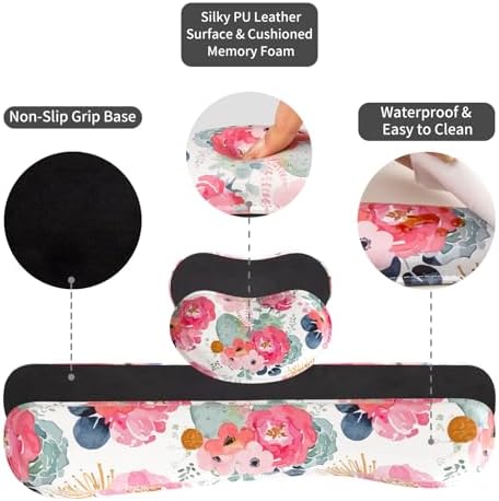 QiyI PU Leather Desk Mat Set, 4-in-1 Ergonomic Wrist Rest, Pink Flowers - Image 6