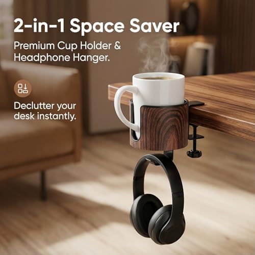 2-in-1 Desk Cup Holder with Headphone Hanger(Wooden Design) - Image 2