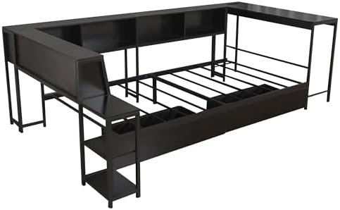 Bellemave Twin Size Corner Bed Frame with Storage Drawers, Bookcase and Side Desk, Twin Corner Bed with Light and Charging Station, Daybed for Bedroom, Living Room, Guest Room Black - Image 6