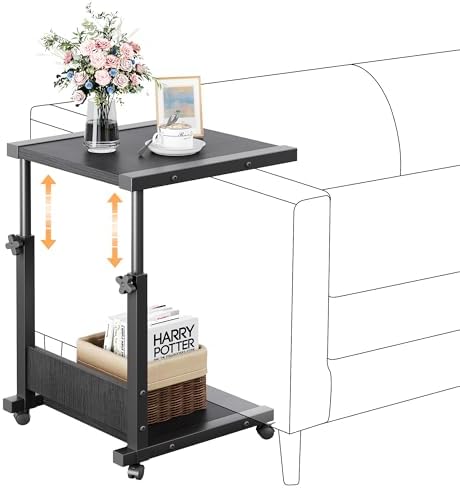 Furist Hospital Bedside Table with Wheels Adjustable Height Sofa Side, Rolling Hospital Table, Mobile Computer Desk Laptop Table for Living Room, Bedroom & Office, Black by FuristTec