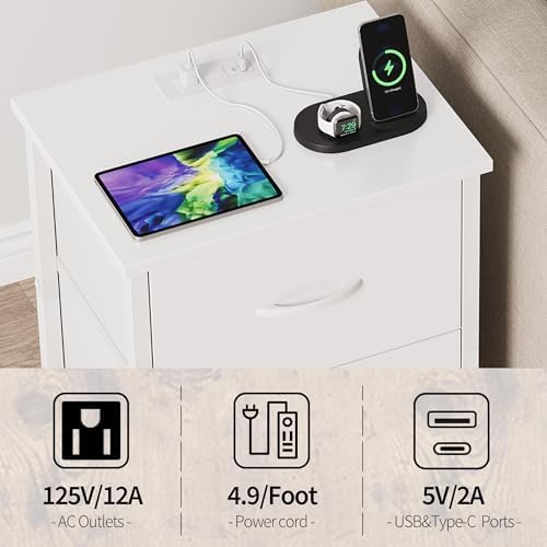 Vagusicc Nightstand Set of 2 with Charging Station, End Table Bedside Table with Power Outlet & USB Ports, Side Table with 2 Fabric Drawers for Bedroom, Living Room, White - Image 4
