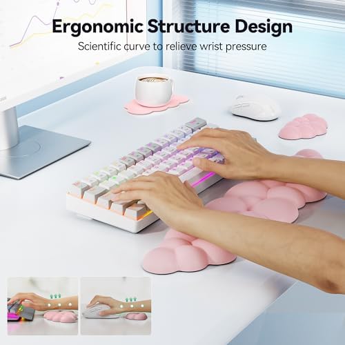 TECKNET Cloud Keyboard Wrist Rest Set, Cloud Wrist Rest with Non-Slip Base, PU Leather Wrist Pad for Keyboard with Ergonomic Memory Foam for Computer Laptop Office Gaming and Pain Relief, Light Pink - Image 3