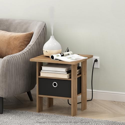 Furinno Andrey USB and Type-C Port Charging Station End Table with Storage Bin, 15.55 (W) x 12.56 (H) x 8.5 (D) inches, Flagstaff Oak/Black - Image 2
