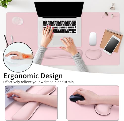 Mouse Pad and Keyboard Wrist Rest, Large Keyboard and Mouse Pad Set, Ergonomic Mousepad with Wrist Rest, Non-Slip Desk Mat Protector for Office, Home (31.5×15.7 Inches, Pink) - Image 5