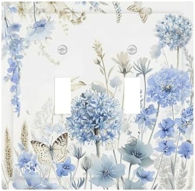 Decorative Light Switch Cover Plate Blue Floral Hydrangea Watercolor Wildflower 2 Gang Switch Plate Covers Double Toggle Wall Plate Dual Device Electrical Switchplate Dimmer Faceplate Bedroom by JOOJIAO