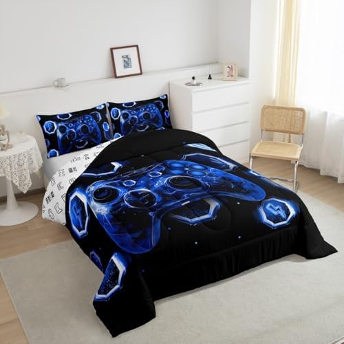 Feelyou Kids Blue Gamer Comforter Set Queen Size, Game Console Comforter Space Universe Gaming Bedding Set Boys Girls Gamepad Teens Duvet Set Bedroom Decor Bed Set 3Pcs - Image 5