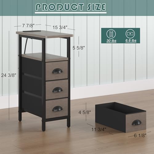 sthmec End Table with Charging Station,Narrow Side Tables with USB Ports and Outlets,Skinny Bedside Tables with 3 Drawers,Small Tables Nightstands for Small Space,Slim Sofa Table for Livingroom,Grey - Image 3