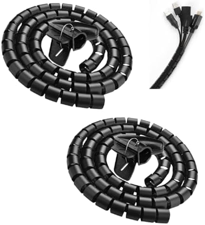 Spiral Cable Wrap with Clip,Dia.25mm Desk Cable Organizer Spiral for Wire Management,4.9Ft Flexible Wire Organizer with Wire Grip- Keep Office Cords Neat, Tangle-Free and Protected,Black 2 Packs by Fogun