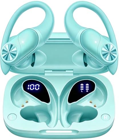 PocBuds Bluetooth Headphones Wireless Earbuds 80hrs Playtime Wireless Charging Case Digital Display Sport Ear buds with Earhook Deep Bass IPX7 Waterproof Over-Ear Earphones for Phone Laptop Mint Green by PocBuds