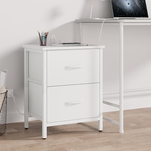 Vagusicc Nightstand Set of 2 with Charging Station, End Table Bedside Table with Power Outlet & USB Ports, Side Table with 2 Fabric Drawers for Bedroom, Living Room, White - Image 7