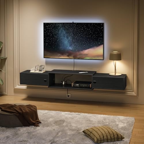 HOOBRO 55" Floating TV Stand with Power Outlets, Modern Wall Mounted Media Console Shelf with Doors, Entertainment Center for Under TV Storage, for Living Room, Bedroom, Black BK11UDS01 by HOOBRO