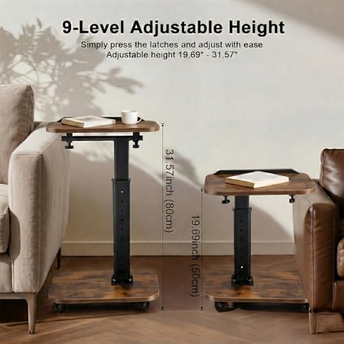 C Table End Table Adjustable Height, Rolling TV Tray Table for Small Spaces 180° Flip-Over Panel & 360° Swivel Casters,C Shaped Side Tables for Couch/Living Room/Bedroom/Bed/Sofa/Chair/Snack, Walnut - Image 2