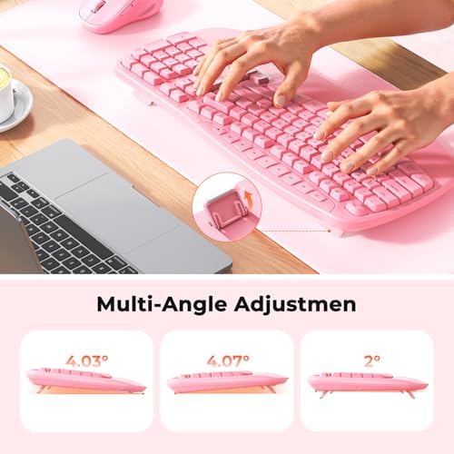 MEETION Ergonomic Wireless Keyboard and Mouse Combo with Wave Keys, Pink - Image 4