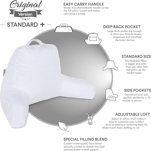 Husband Pillow White, Original Reading Pillow in Bed Rest Chair, Shredded Memory Foam Large Lounge Cushion Adult Backrest with Arms, Comfy Back Support for Sit Sitting Up, Washable/Removable Cover - Image 4