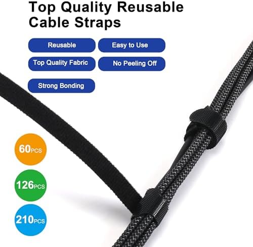 Nettbe Reusable Cable Ties, 210 PCS 8 Inches Adjustable Cord Straps Wire Organizer Cord Wrap and Hook Loop Cable Management - Image 6