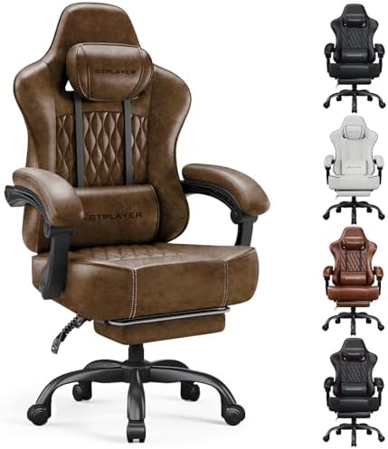 GTPLAYER Big and Tall Gaming Chair with Footrest, Ergonomic Office Desk Chair with 4.4in Thick Cushion and Wide Wingless Seat, Comfortable Leather Computer Chair, Predator Series, Rustic Brown by GTPLAYER