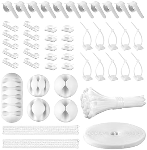 White Cable Management Organizer Kit, 2 Wire Sleeve Protector, 41 Self Adhesive Cable Clips Holder, 10pcs+2 Roll Reusable Cable Ties and 100 Cable Zip Ties for TV Computer Cord Tidy Under Desk by CHZHLI