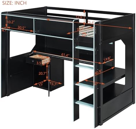 Merax Twin Size Gaming Loft Bed with Integrated Desk and Lights, Black+Blue - Image 2