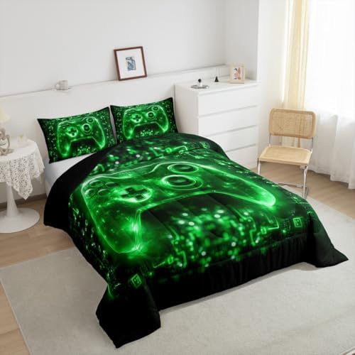 Feelyou Kids Boys Gamer Comforter Set Video Game Gamepad Queen Size Bedding Set for Teens Green Black Game Gaming Comforter Soft Microfiber - Image 4