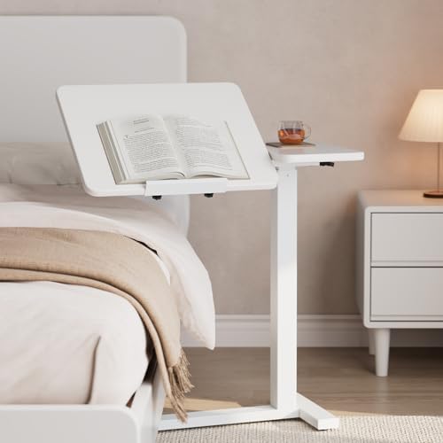 Solid Wood Overbed Bedside Table with Wheels, Tilting Adjustable Hospital Bed Table Over The Bed, Medical Mobile Laptop Stand, Rolling Standing Desk for Hospital and Home Use(White) by Dongmuwujee