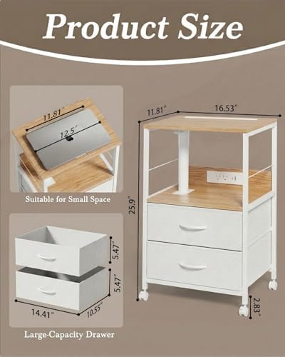 Faesun Swivel Lift Top Nightstand with Charging Station, Rolling Side Table for Recliner, Bedside Table with Wheels & 2 Fabric Drawers, for Small Spaces, for Bedroom, Living Room, Oak White - Image 2
