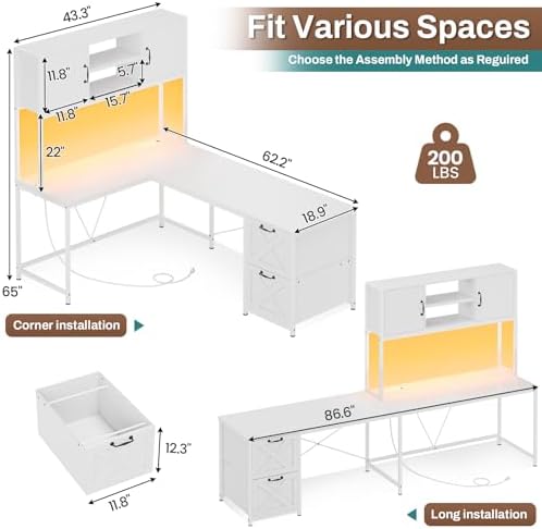 SEDETA Farmhouse White L Shaped Office Desk with Drawers, Storage Shelves - Image 2